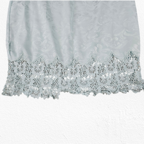 80s Vintage Light Blue Satin Floral Jacquard Lace Tunic Blouse Skirt Set Size 8 - Picture 7 of 14